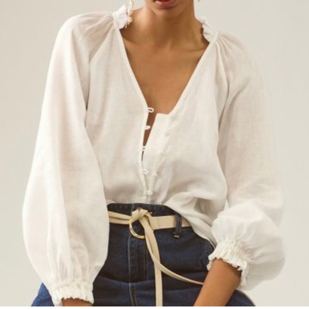 Maeve x Anthropologie • Audie Linen Puff-Sleeve Blouse in Creamy White